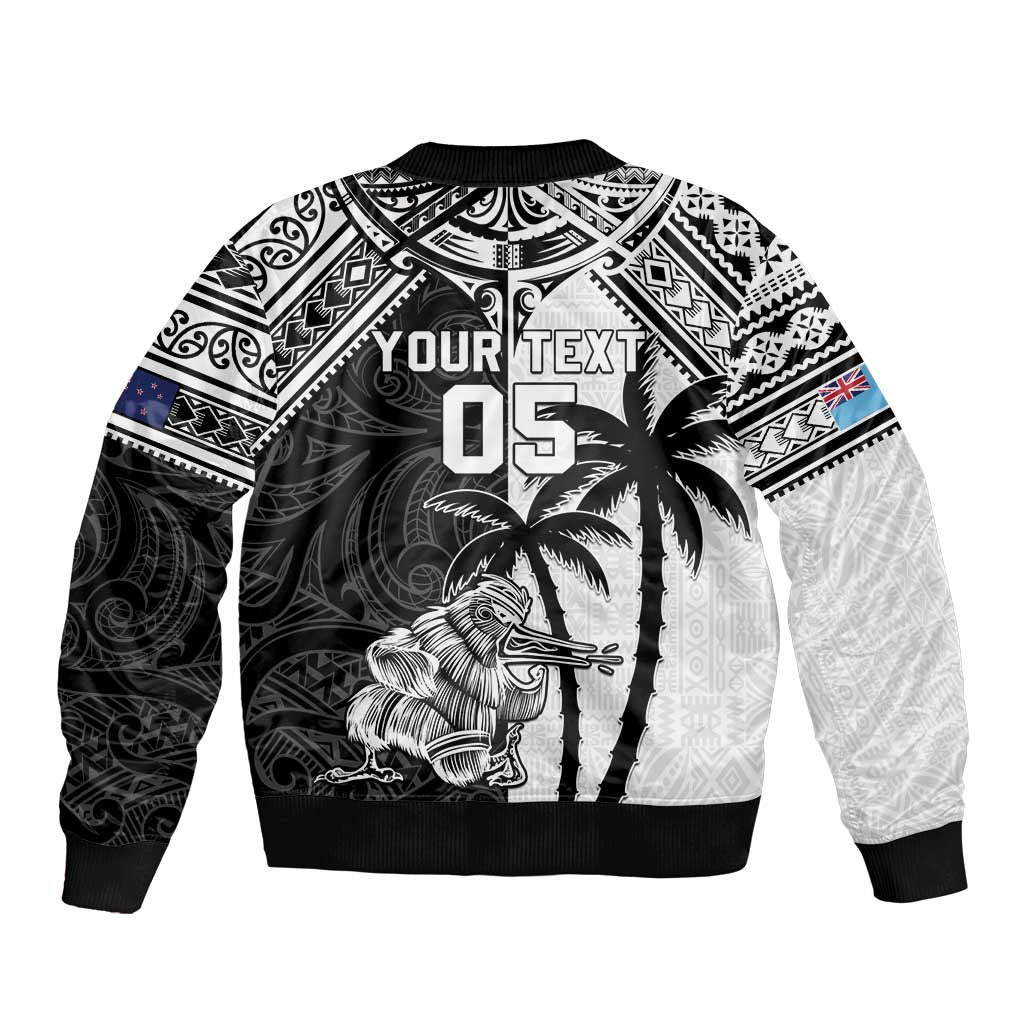 Custom New Zealand And Fiji Rugby 2024 Sleeve Zip Bomber Jacket Maori Kiwi With Fijian Palm Tree LT05 - Polynesian Pride