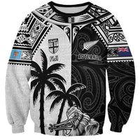 Custom New Zealand And Fiji Rugby 2024 Sweatshirt Maori Kiwi With Fijian Palm Tree LT05 Unisex Black - Polynesian Pride