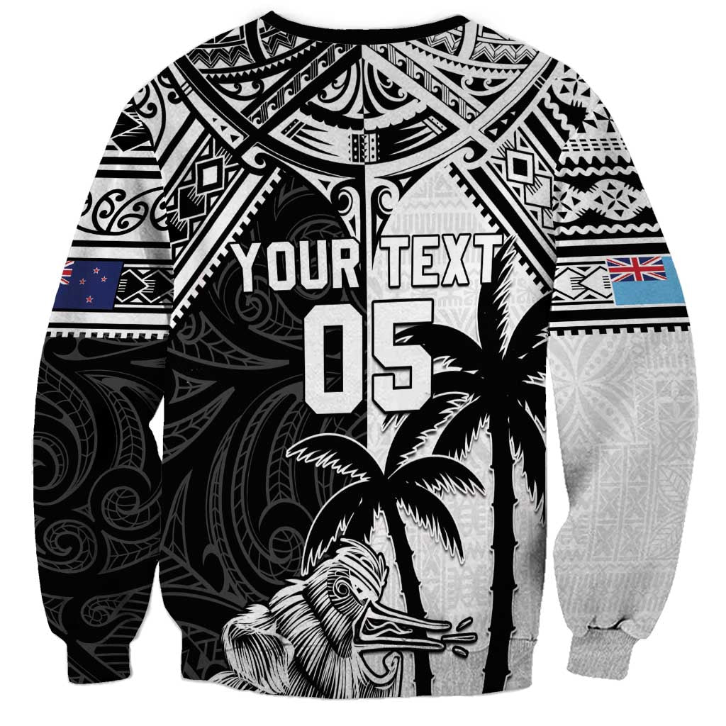 Custom New Zealand And Fiji Rugby 2024 Sweatshirt Maori Kiwi With Fijian Palm Tree LT05 - Polynesian Pride