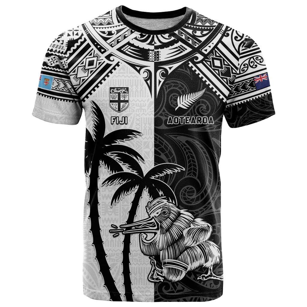 Custom New Zealand And Fiji Rugby 2024 T Shirt Maori Kiwi With Fijian Palm Tree LT05 Black - Polynesian Pride