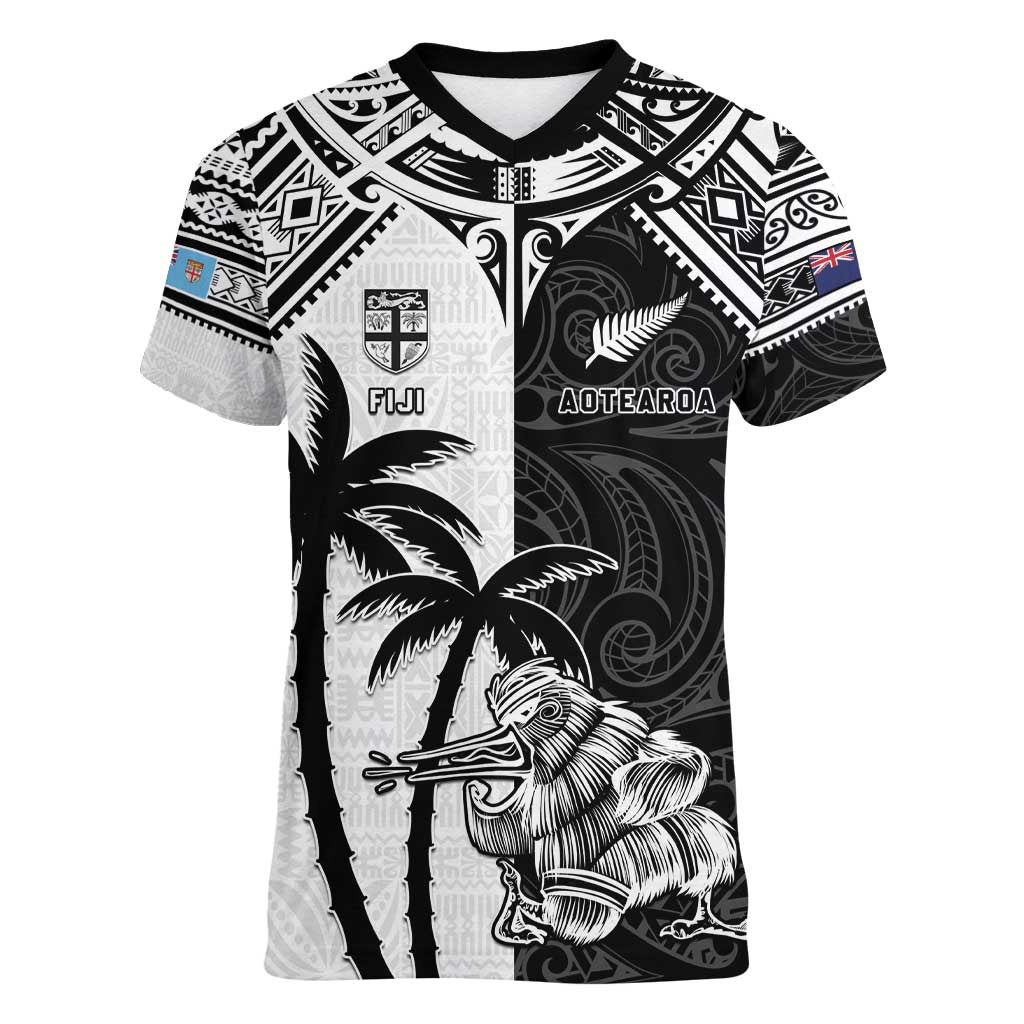 Custom New Zealand And Fiji Rugby 2024 Women V-Neck T-Shirt Maori Kiwi With Fijian Palm Tree