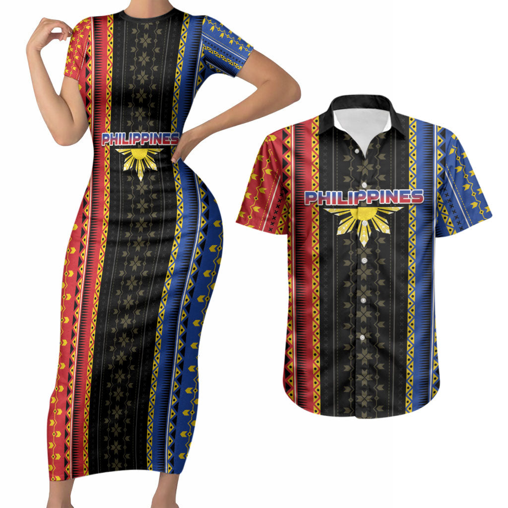 Personalised Philippines Filipinos Couples Matching Short Sleeve Bodycon Dress and Hawaiian Shirt Igorot Tribal Inspiration Pattern Style