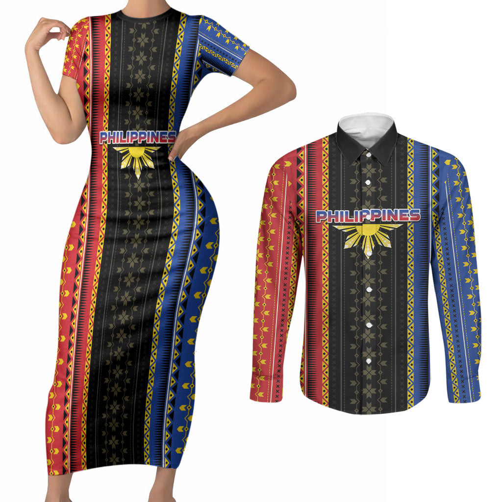 Personalised Philippines Filipinos Couples Matching Short Sleeve Bodycon Dress and Long Sleeve Button Shirt Igorot Tribal Inspiration Pattern Style