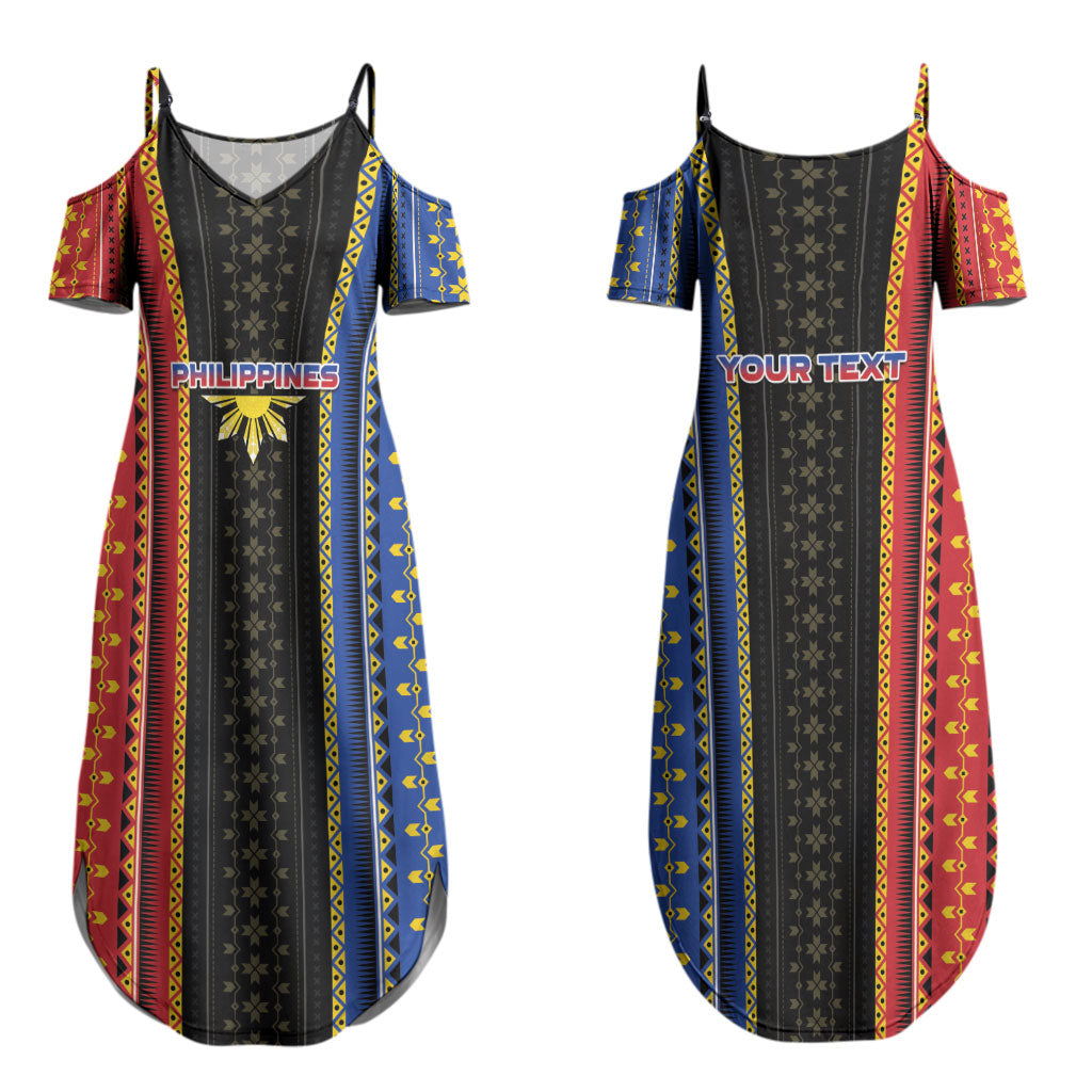 Personalised Philippines Filipinos Couples Matching Summer Maxi Dress and Long Sleeve Button Shirt Igorot Tribal Inspiration Pattern Style