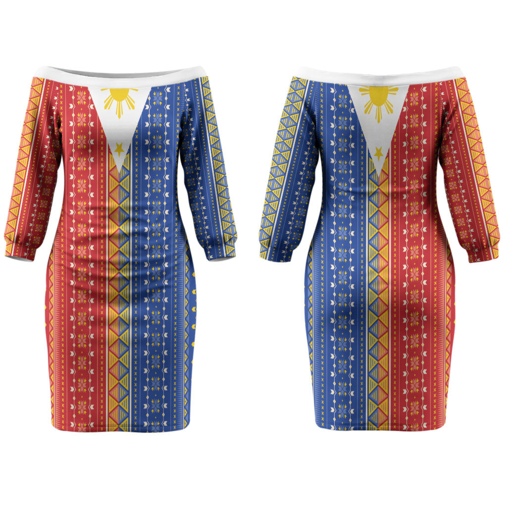 Philippines Sun Couples Matching Off The Shoulder Long Sleeve Dress and Hawaiian Shirt Igorot Tribal Inspiration