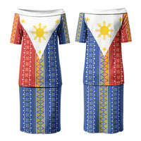 Philippines Sun Couples Matching Puletasi and Long Sleeve Button Shirt Igorot Tribal Inspiration