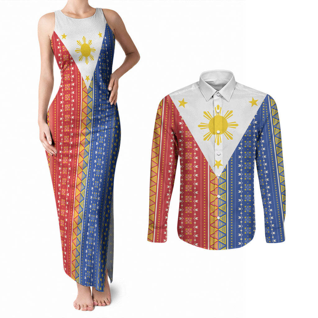 Philippines Sun Couples Matching Tank Maxi Dress and Long Sleeve Button Shirt Igorot Tribal Inspiration LT05 Colorful - Polynesian Pride