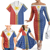 Philippines Sun Family Matching Off The Shoulder Long Sleeve Dress and Hawaiian Shirt Igorot Tribal Inspiration