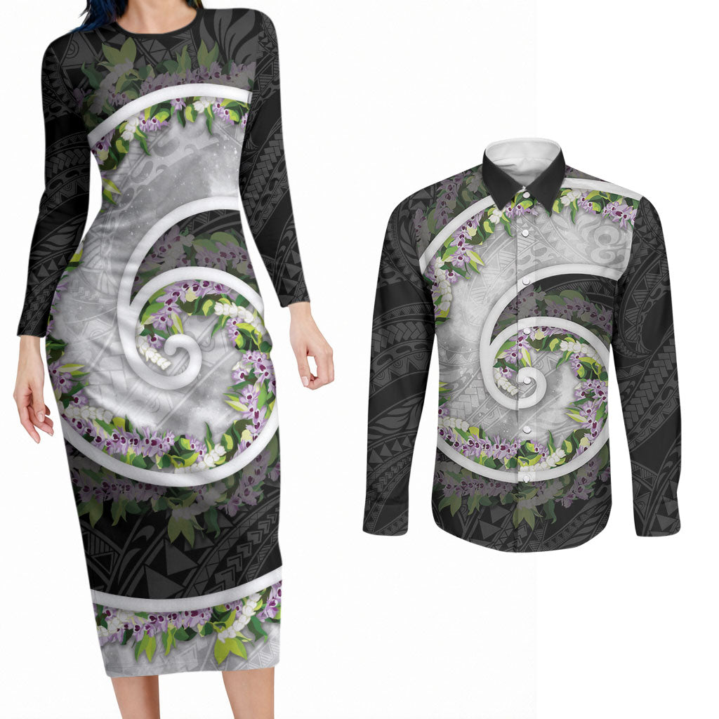 Piko Hawaii Couples Matching Long Sleeve Bodycon Dress and Long Sleeve Button Shirt Polynesian Pattern With Maile Pikake Honohono Lei