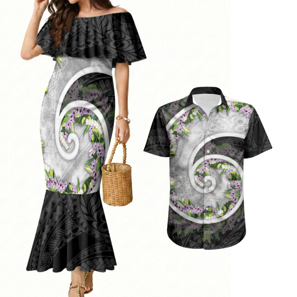 Piko Hawaii Couples Matching Mermaid Dress and Hawaiian Shirt Polynesian Pattern With Maile Pikake Honohono Lei LT05 Black - Polynesian Pride