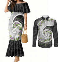 Piko Hawaii Couples Matching Mermaid Dress and Long Sleeve Button Shirt Polynesian Pattern With Maile Pikake Honohono Lei