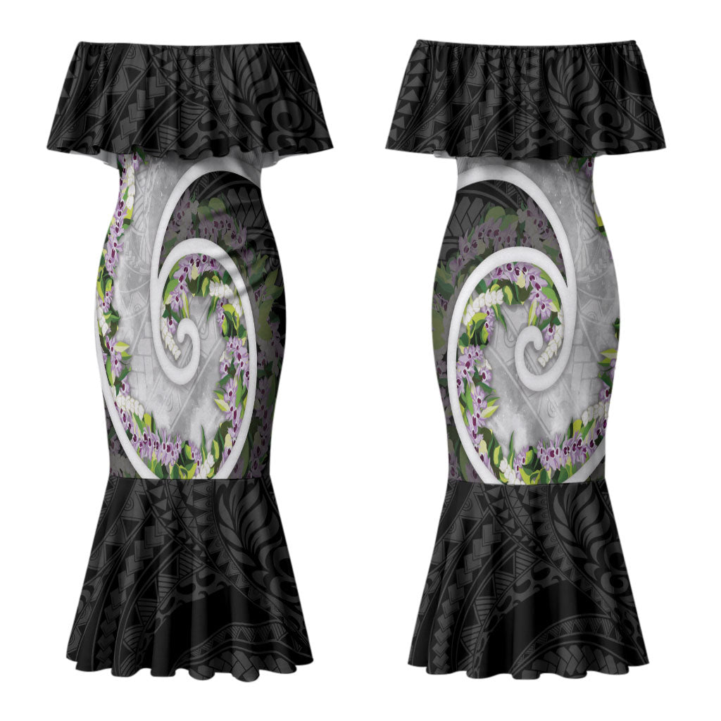 Piko Hawaii Couples Matching Mermaid Dress and Long Sleeve Button Shirt Polynesian Pattern With Maile Pikake Honohono Lei