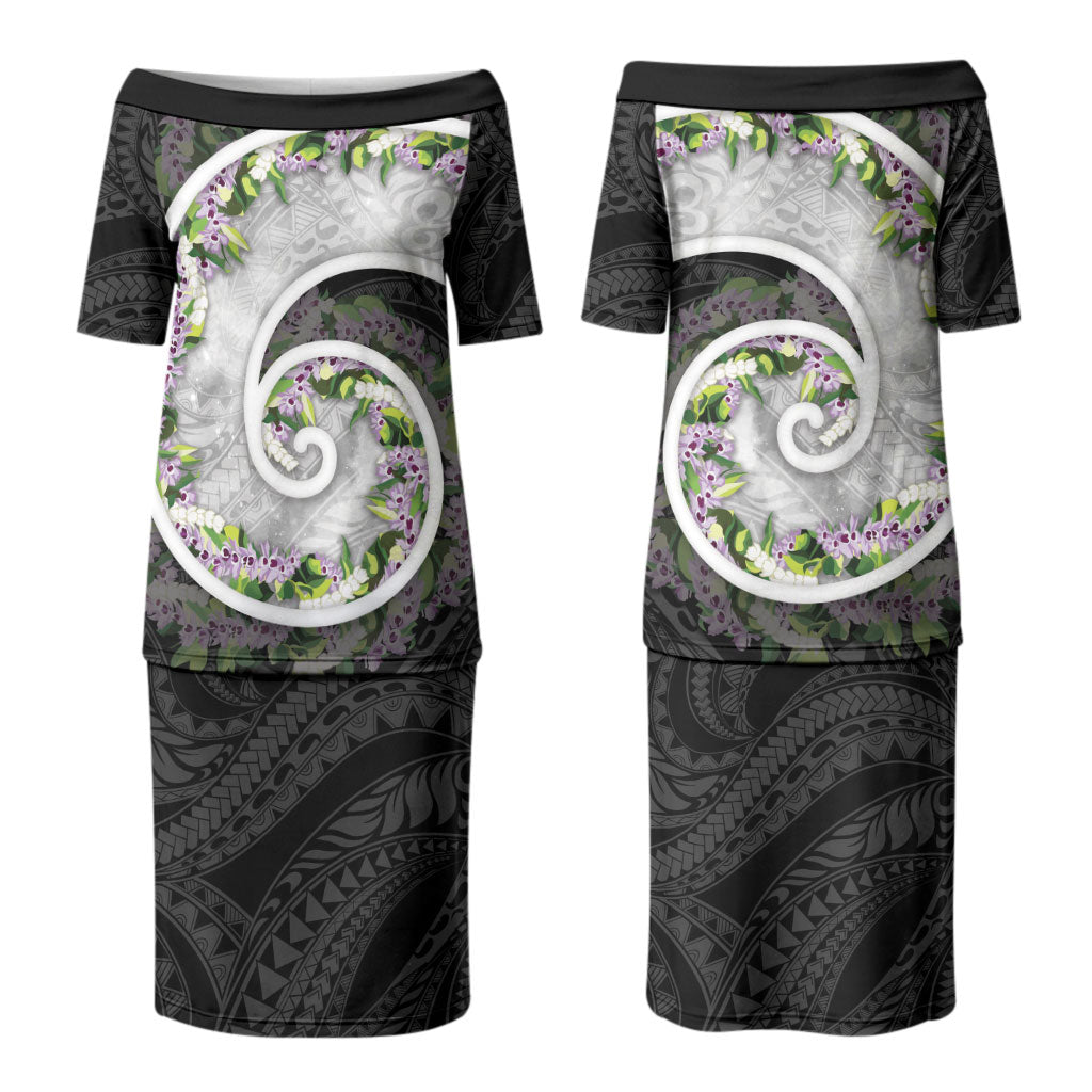 Piko Hawaii Couples Matching Puletasi and Long Sleeve Button Shirt Polynesian Pattern With Maile Pikake Honohono Lei