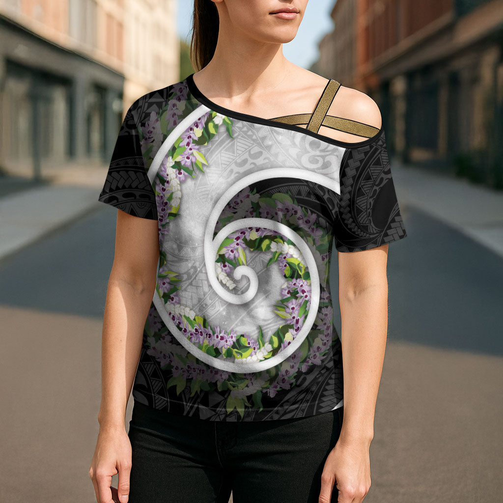 Piko Hawaii Cross Shoulder Shirt Polynesian Pattern With Maile Pikake Honohono Lei