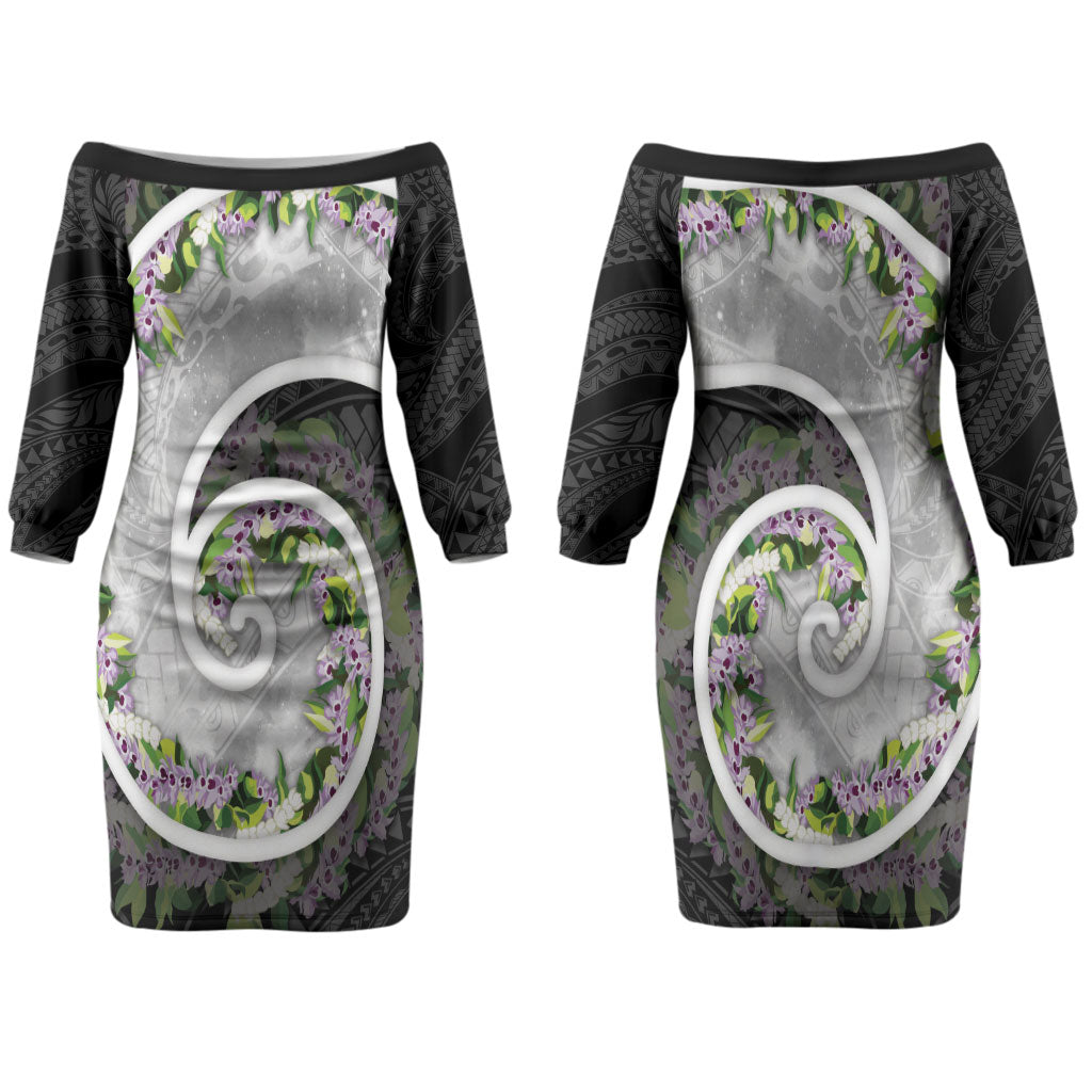Piko Hawaii Family Matching Off The Shoulder Long Sleeve Dress and Hawaiian Shirt Polynesian Pattern With Maile Pikake Honohono Lei