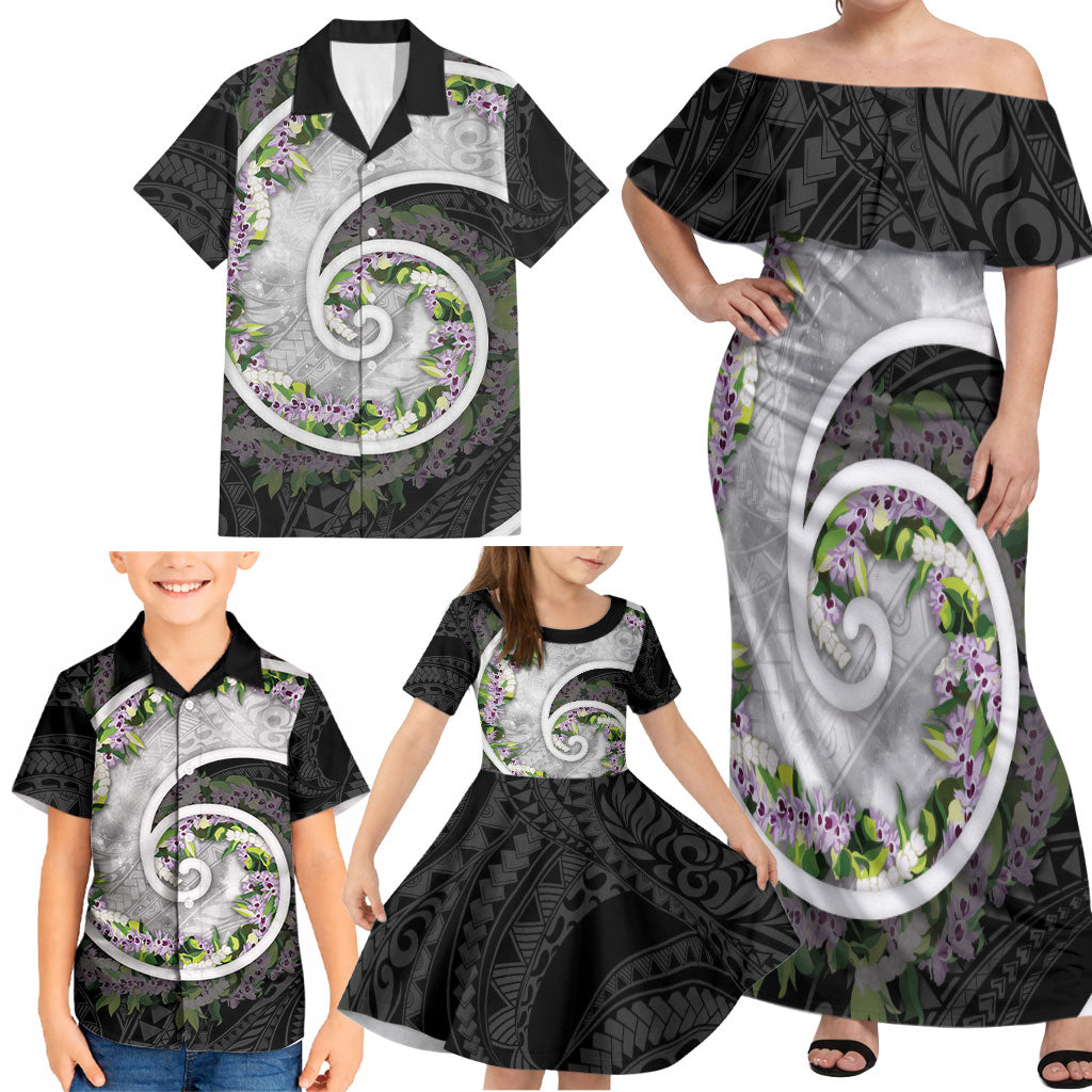 Piko Hawaii Family Matching Off Shoulder Maxi Dress and Hawaiian Shirt Polynesian Pattern With Maile Pikake Honohono Lei