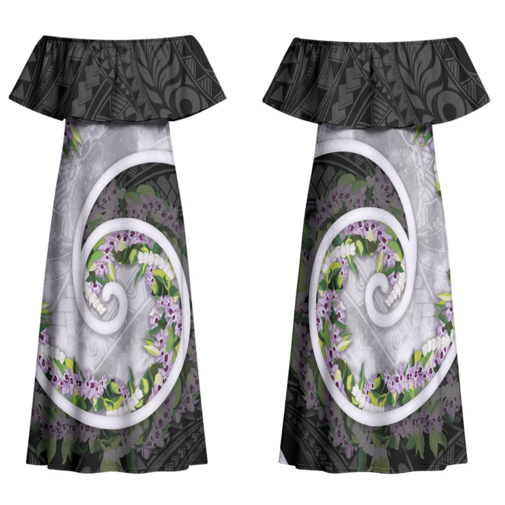 Piko Hawaii Family Matching Off Shoulder Maxi Dress and Hawaiian Shirt Polynesian Pattern With Maile Pikake Honohono Lei