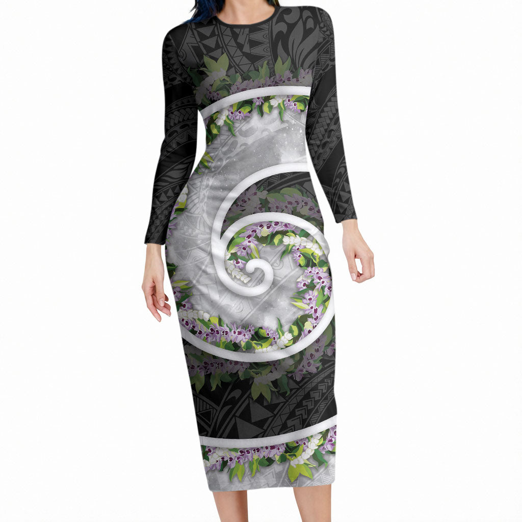 Piko Hawaii Long Sleeve Bodycon Dress Polynesian Pattern With Maile Pikake Honohono Lei LT05 Long Dress Black - Polynesian Pride