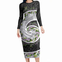 Piko Hawaii Long Sleeve Bodycon Dress Polynesian Pattern With Maile Pikake Honohono Lei LT05 Long Dress Black - Polynesian Pride