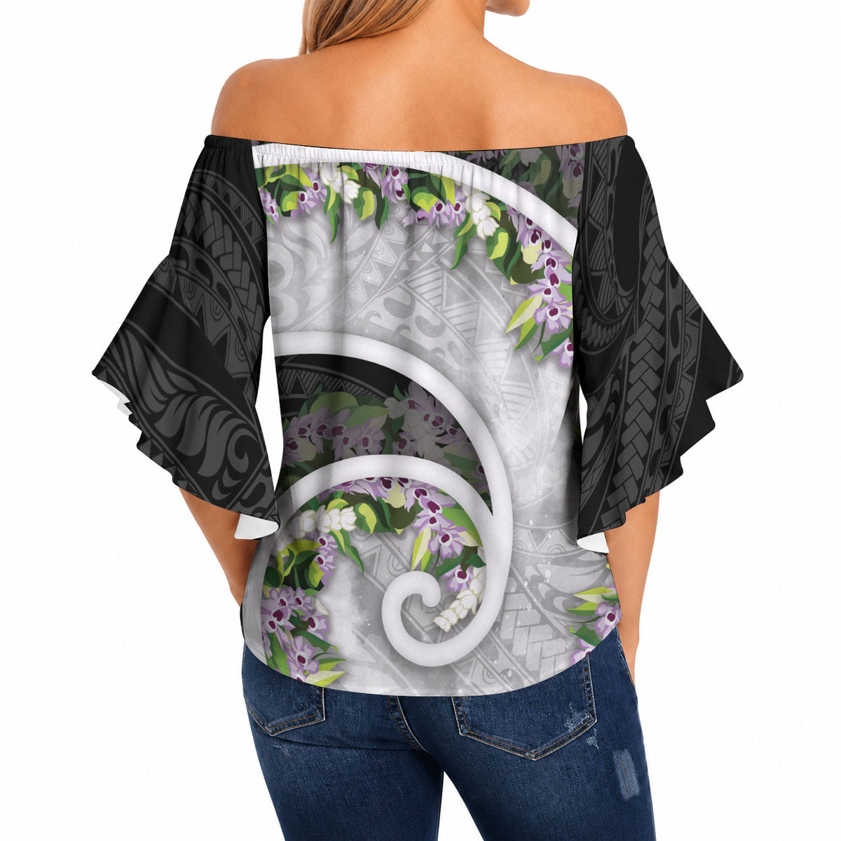 Piko Hawaii Off Shoulder Wrap Waist Top Polynesian Pattern With Maile Pikake Honohono Lei LT05 - Polynesian Pride