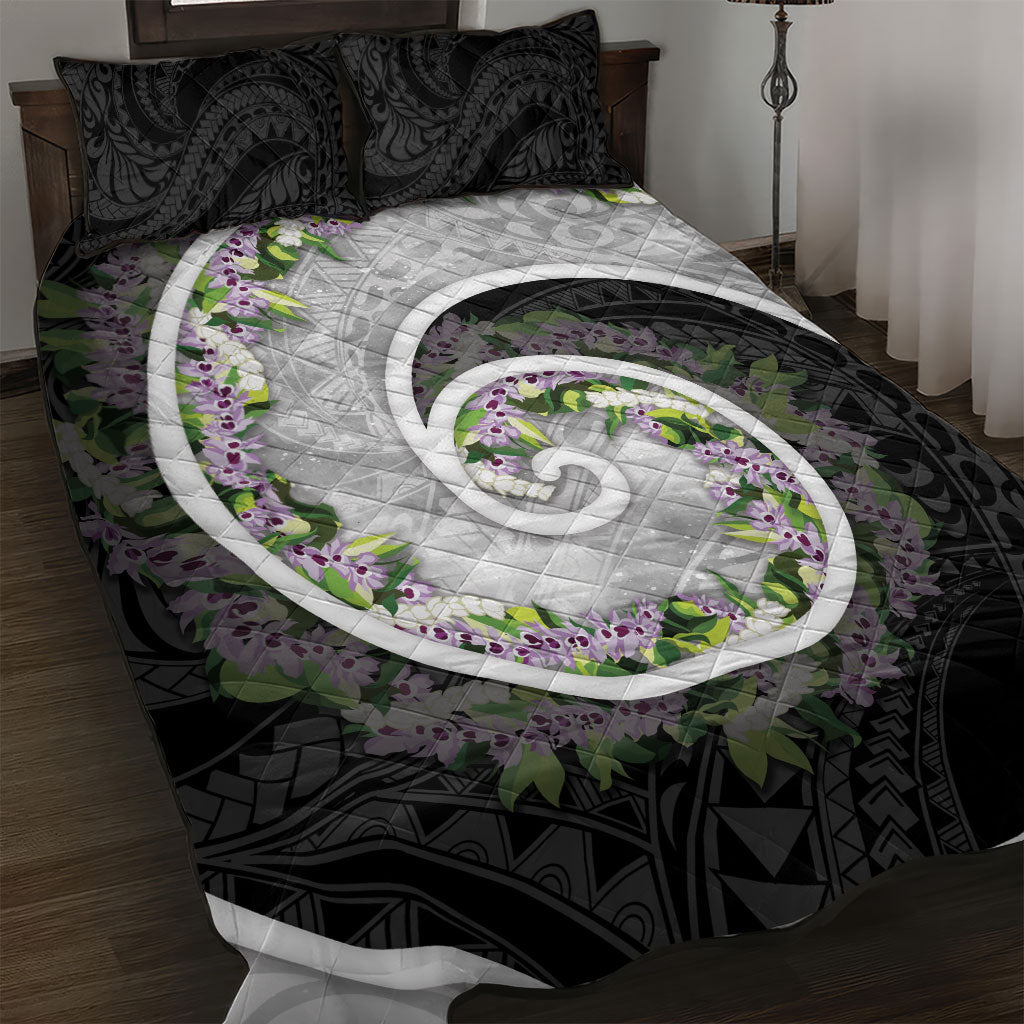 Piko Hawaii Quilt Bed Set Polynesian Pattern With Maile Pikake Honohono Lei LT05 Black - Polynesian Pride