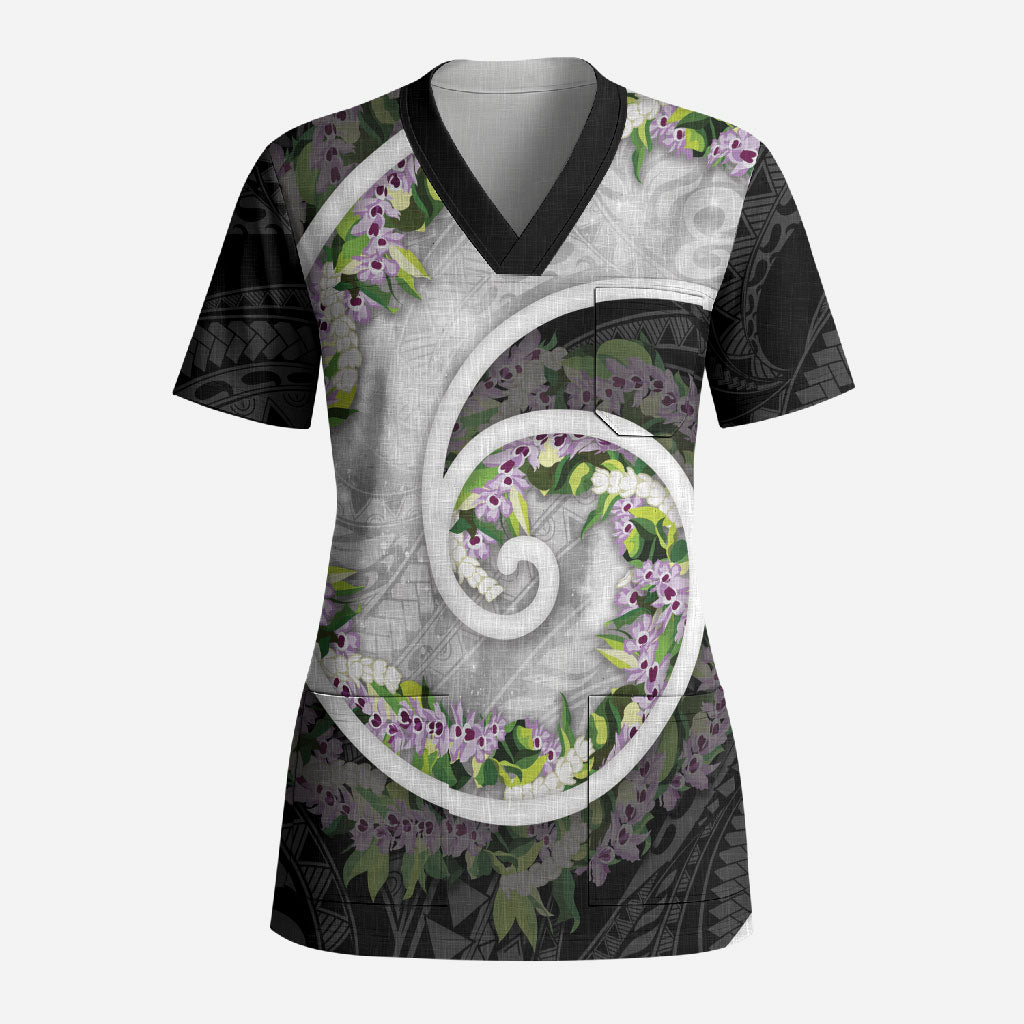 Piko Hawaii Scrub Top Polynesian Pattern With Maile Pikake Honohono Lei