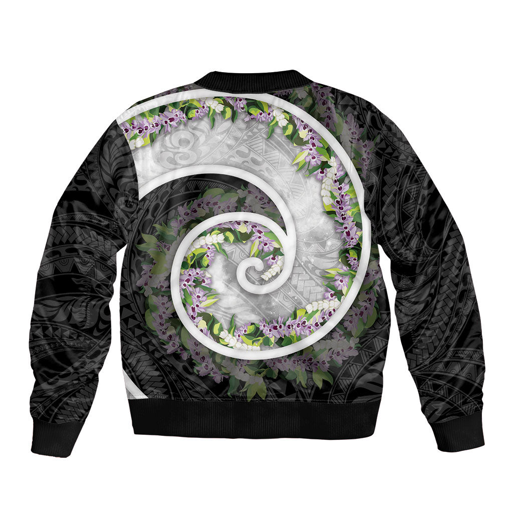 Piko Hawaii Sleeve Zip Bomber Jacket Polynesian Pattern With Maile Pikake Honohono Lei