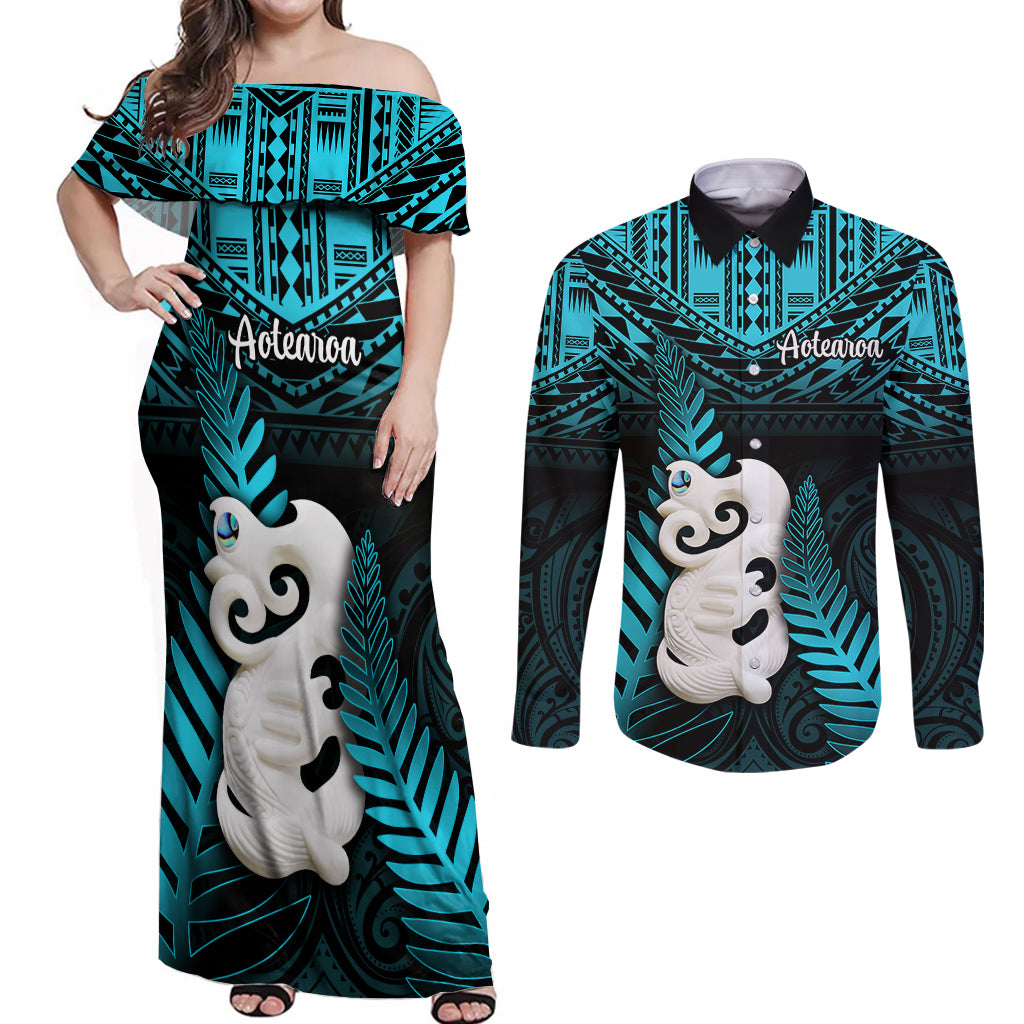 New Zealand Couples Matching Off Shoulder Maxi Dress and Long Sleeve Button Shirts Manaia Maori Pattern With Turquoise Fern LT05 Turquoise - Polynesian Pride