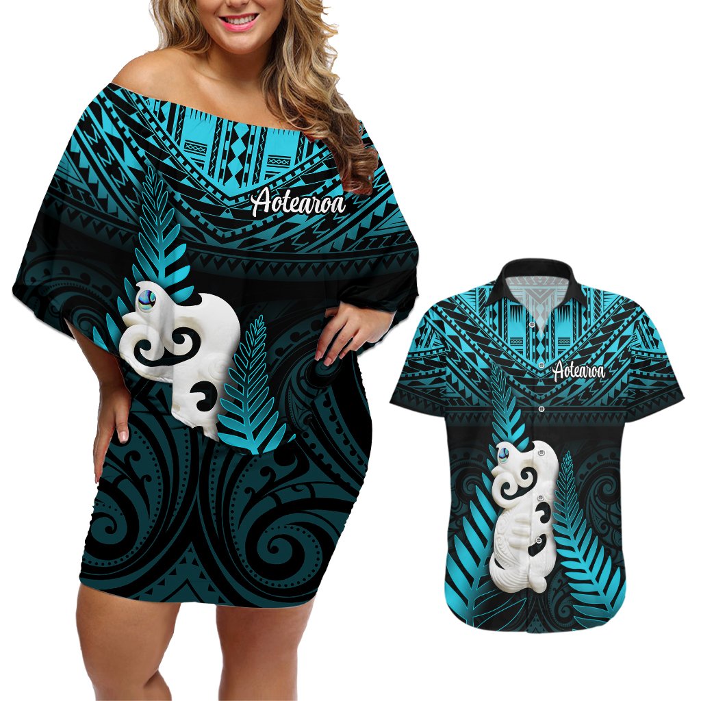 New Zealand Couples Matching Off Shoulder Short Dress and Hawaiian Shirt Manaia Maori Pattern With Turquoise Fern LT05 Turquoise - Polynesian Pride
