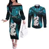 New Zealand Couples Matching Off The Shoulder Long Sleeve Dress and Long Sleeve Button Shirts Manaia Maori Pattern With Turquoise Fern LT05 Turquoise - Polynesian Pride
