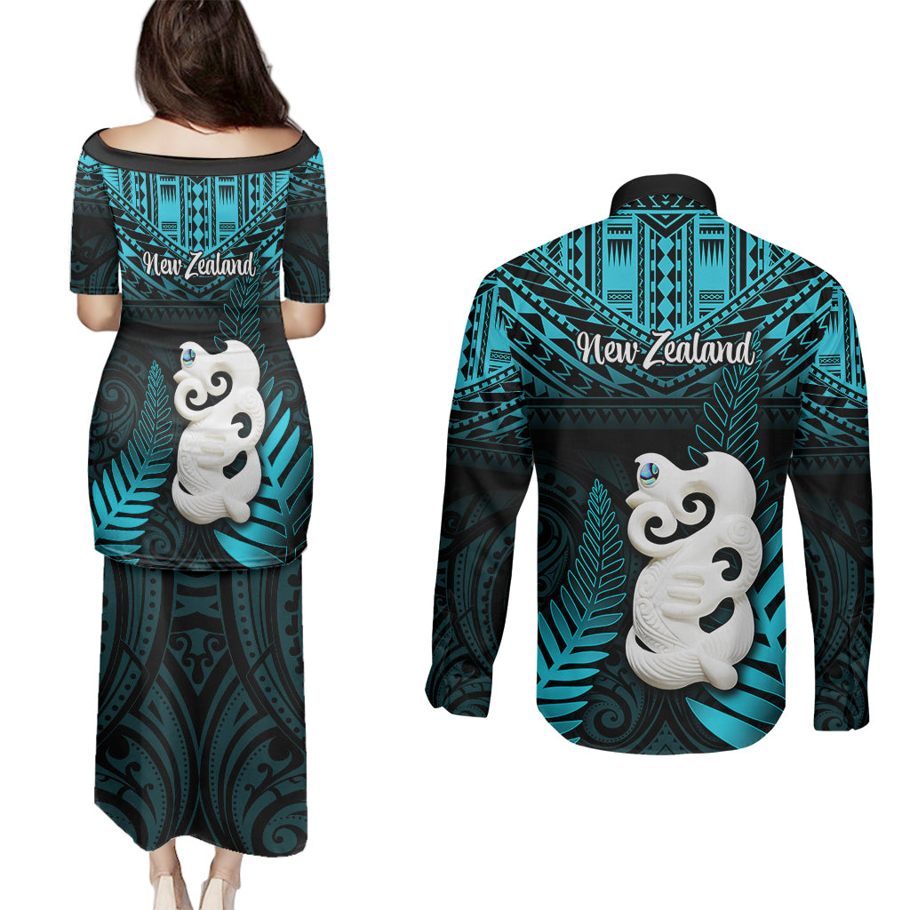 New Zealand Couples Matching Puletasi Dress and Long Sleeve Button Shirts Manaia Maori Pattern With Turquoise Fern LT05 - Polynesian Pride