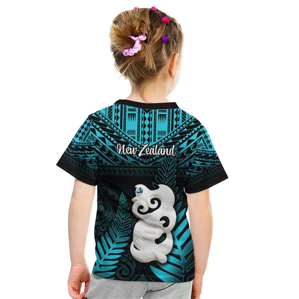 New Zealand Kid T Shirt Manaia Maori Pattern With Turquoise Fern LT05 - Polynesian Pride