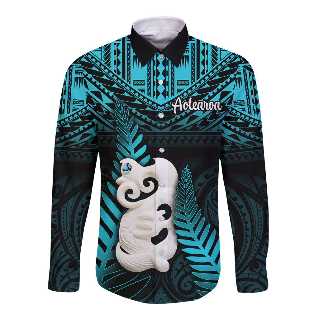 New Zealand Long Sleeve Button Shirt Manaia Maori Pattern With Turquoise Fern LT05 Unisex Turquoise - Polynesian Pride