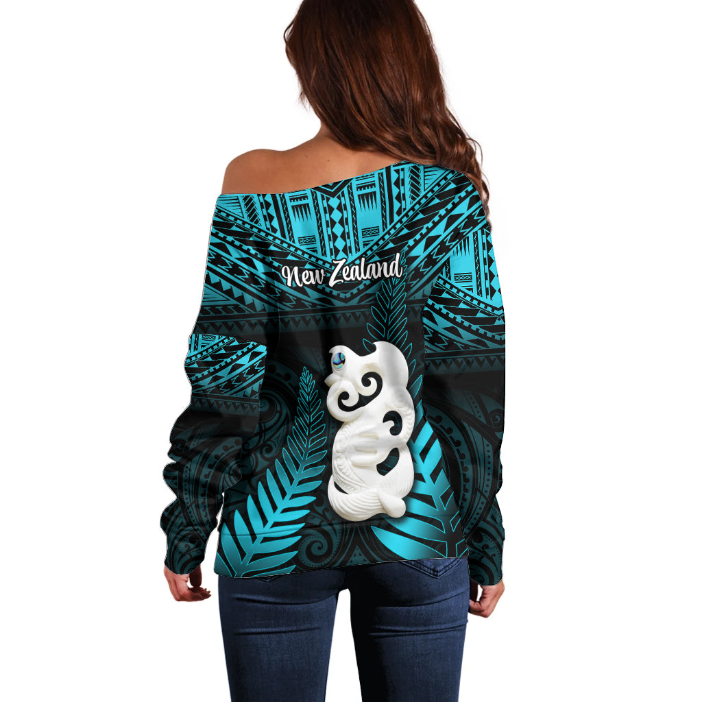 New Zealand Off Shoulder Sweater Manaia Maori Pattern With Turquoise Fern LT05 - Polynesian Pride