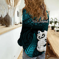 New Zealand Women Casual Shirt Manaia Maori Pattern With Turquoise Fern LT05 - Polynesian Pride