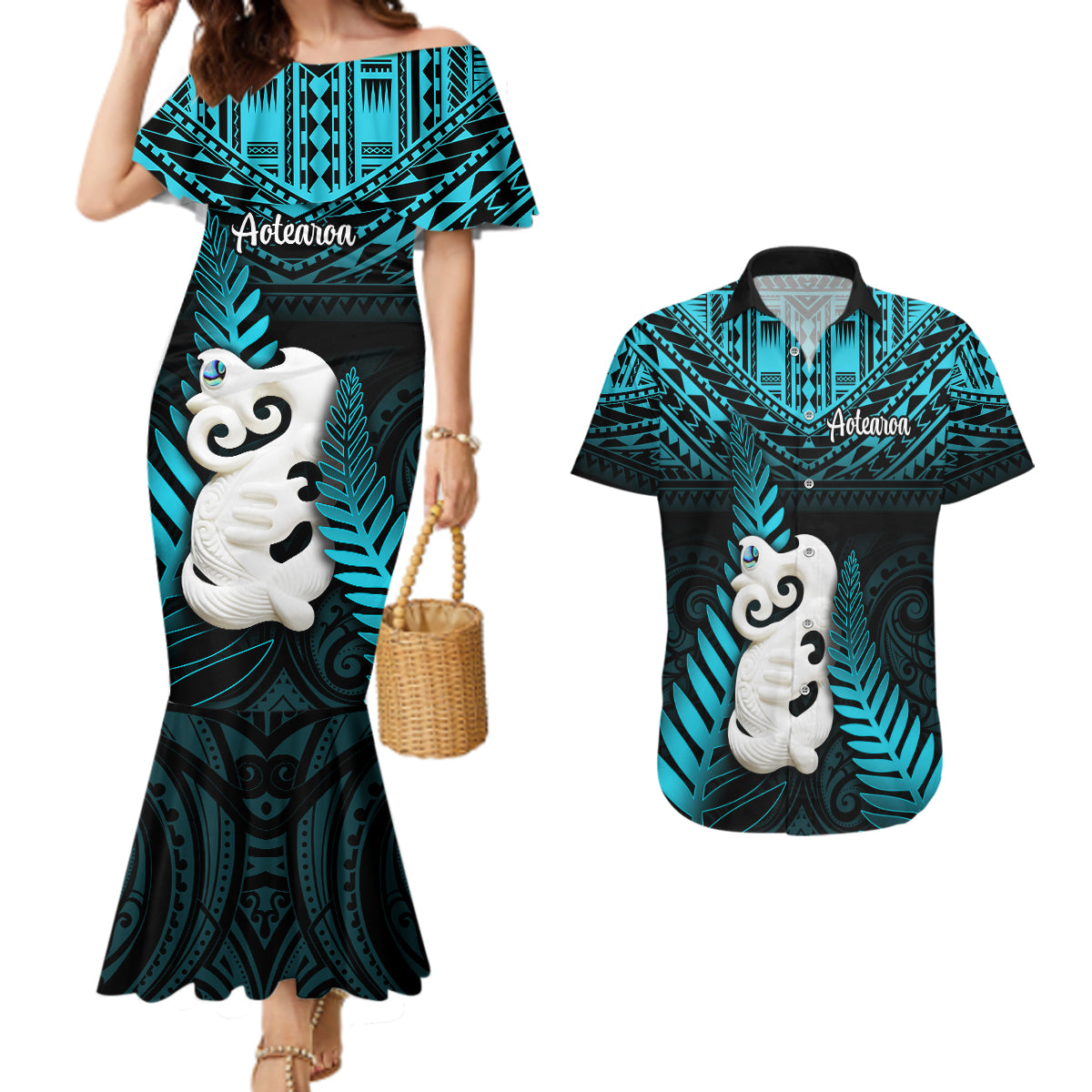 Personalized New Zealand Couples Matching Mermaid Dress and Hawaiian Shirt Manaia Maori Pattern With Turquoise Fern LT05 Turquoise - Polynesian Pride