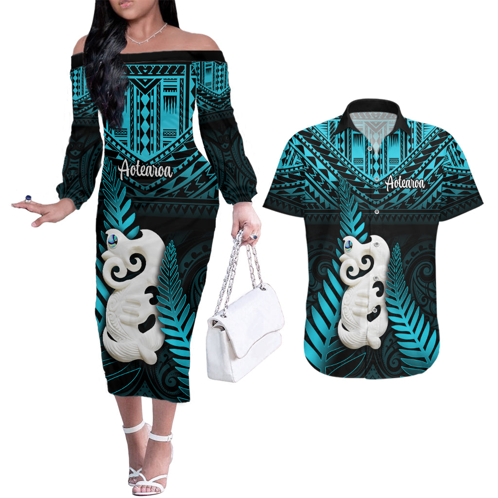 Personalized New Zealand Couples Matching Off The Shoulder Long Sleeve Dress and Hawaiian Shirt Manaia Maori Pattern With Turquoise Fern LT05 Turquoise - Polynesian Pride