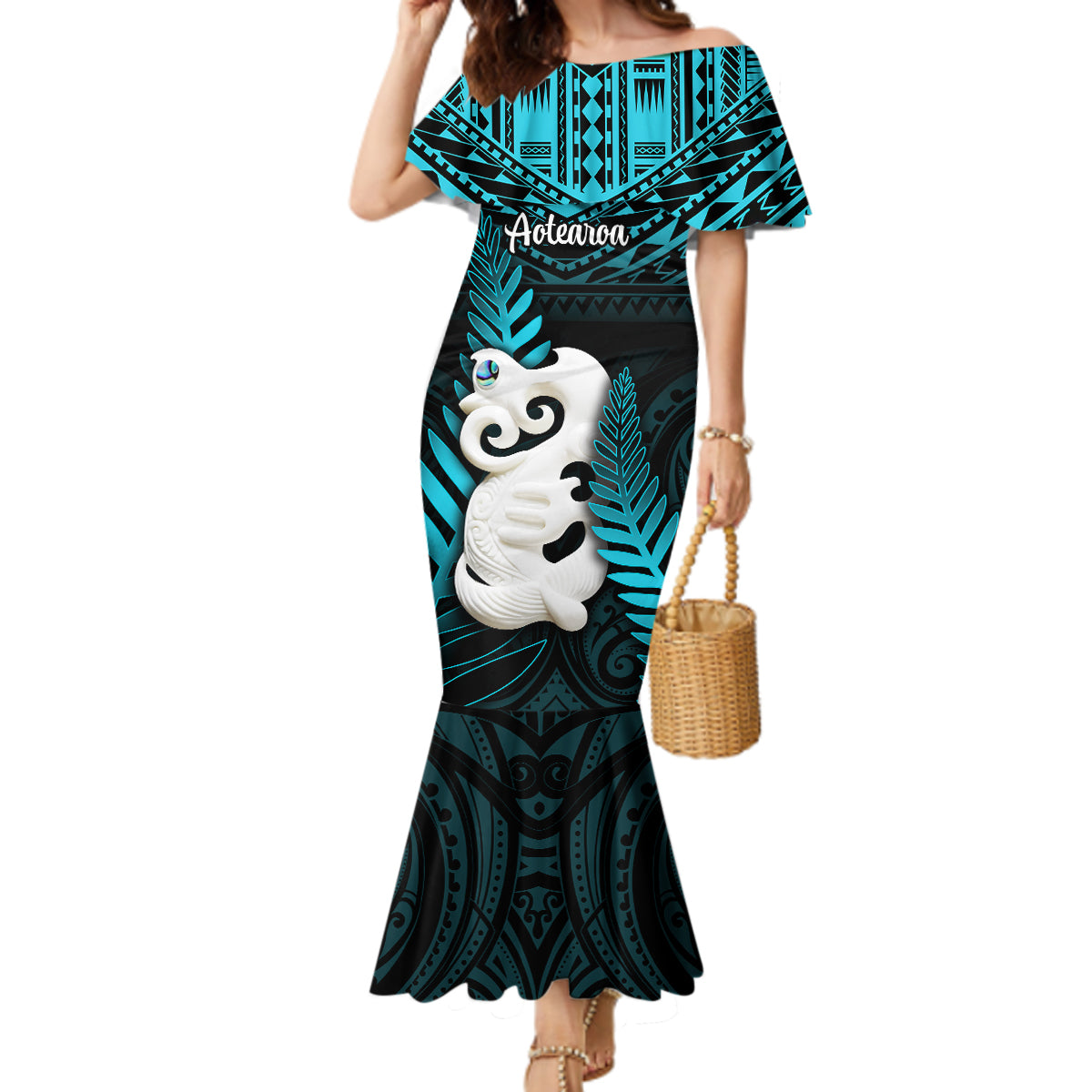 Personalized New Zealand Mermaid Dress Manaia Maori Pattern With Turquoise Fern LT05 Women Turquoise - Polynesian Pride