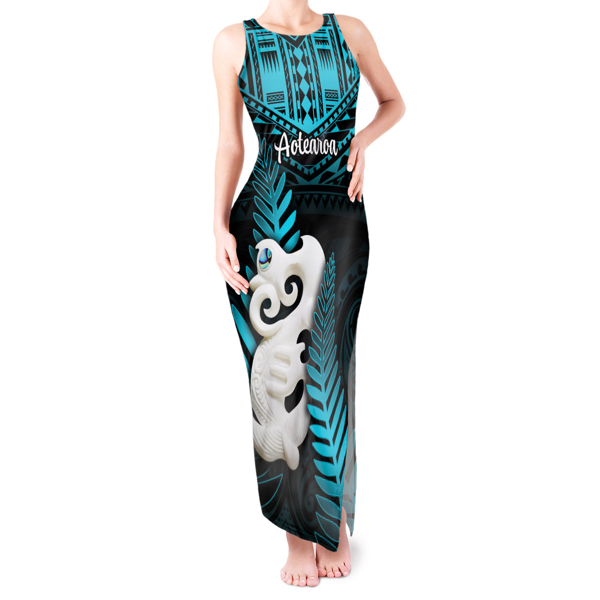 Personalized New Zealand Tank Maxi Dress Manaia Maori Pattern With Turquoise Fern LT05 Women Turquoise - Polynesian Pride