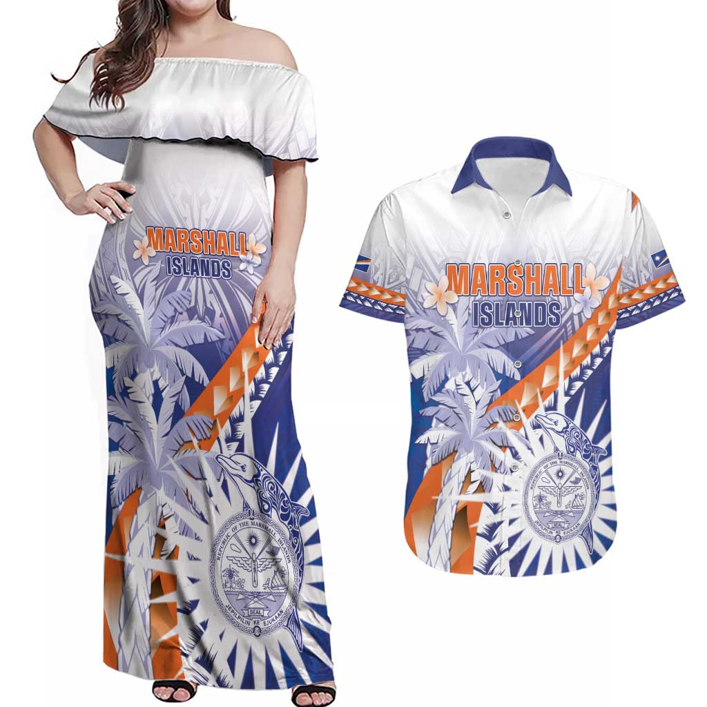 Personalised Marshall Islands Manit Day Couples Matching Off Shoulder Maxi Dress and Hawaiian Shirt Polynesian Tribal Tattoo Tropical Style