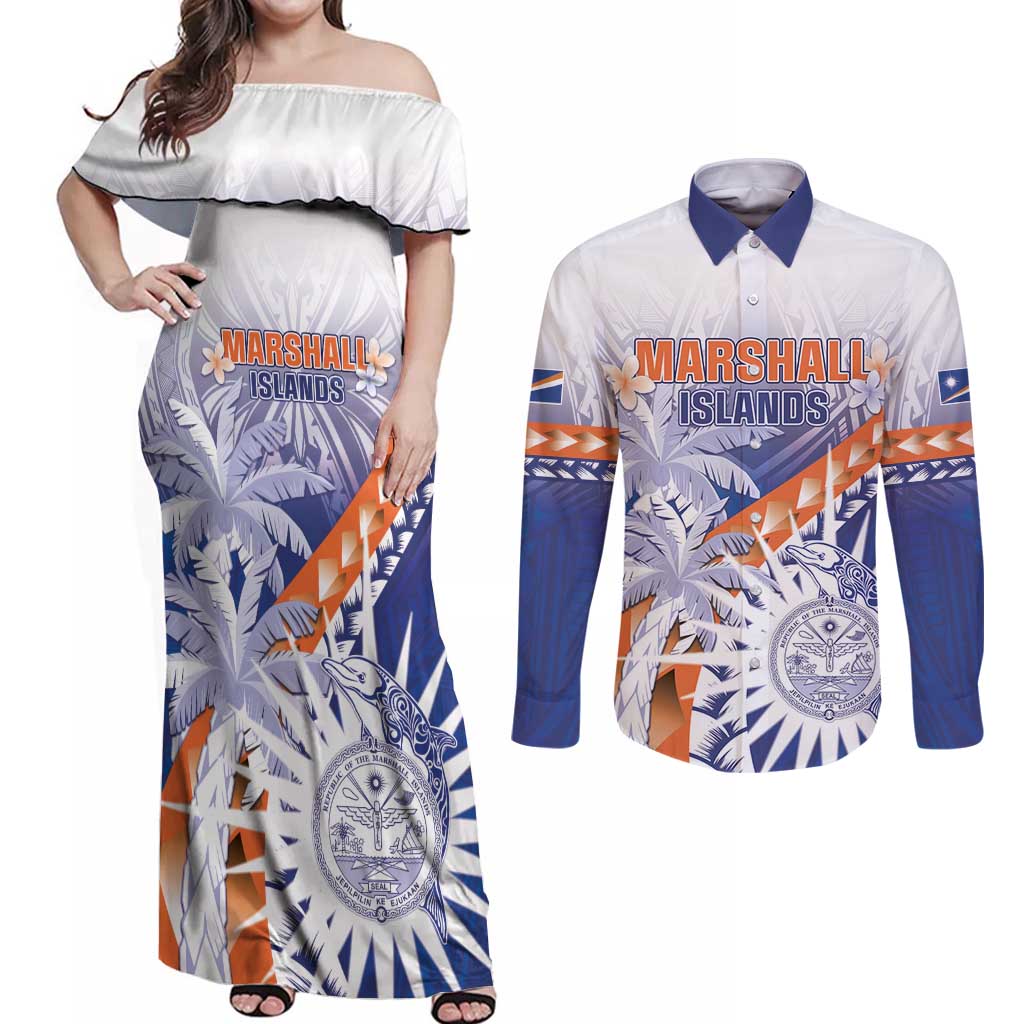 Personalised Marshall Islands Manit Day Couples Matching Off Shoulder Maxi Dress and Long Sleeve Button Shirt Polynesian Tribal Tattoo Tropical Style