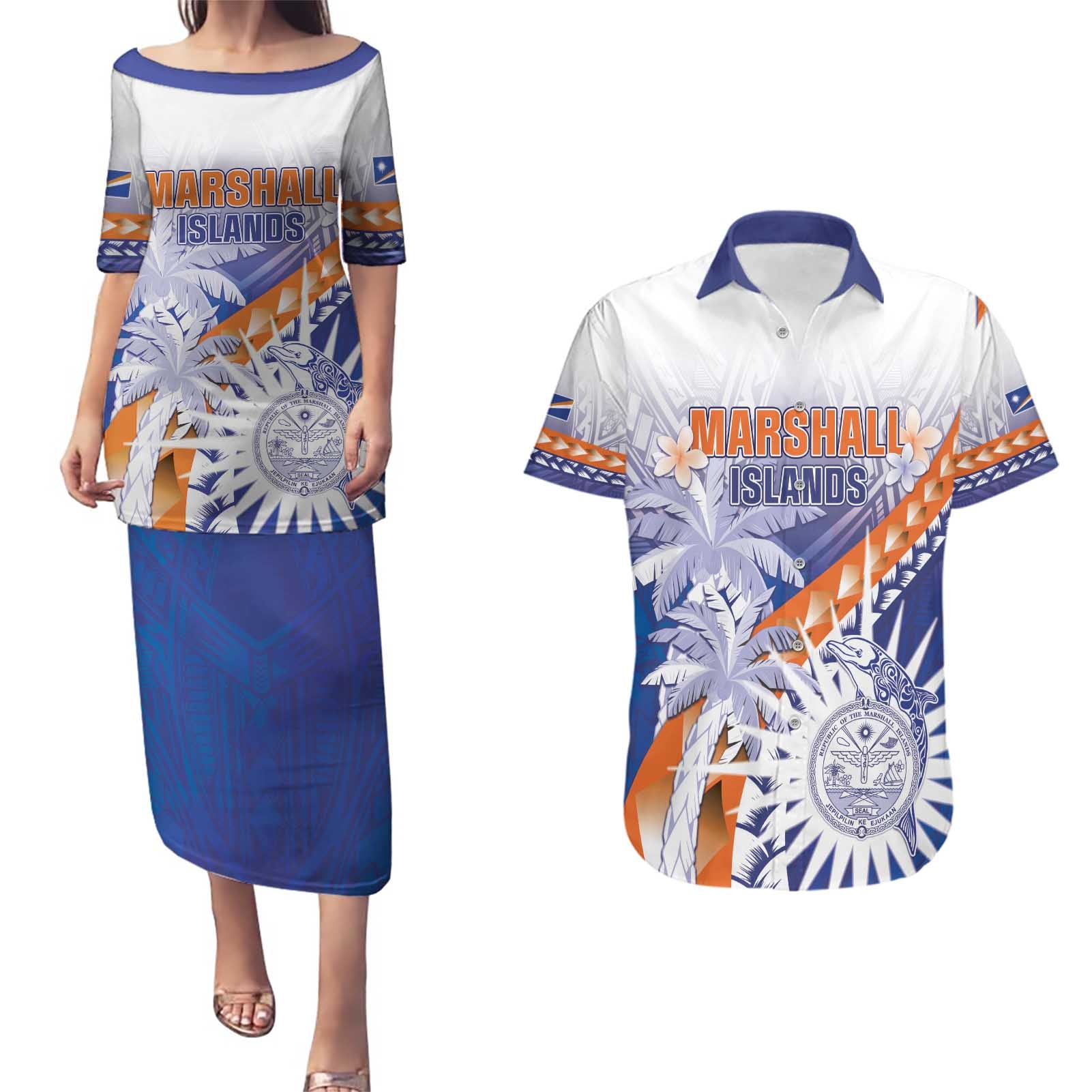 Personalised Marshall Islands Manit Day Couples Matching Puletasi and Hawaiian Shirt Polynesian Tribal Tattoo Tropical Style