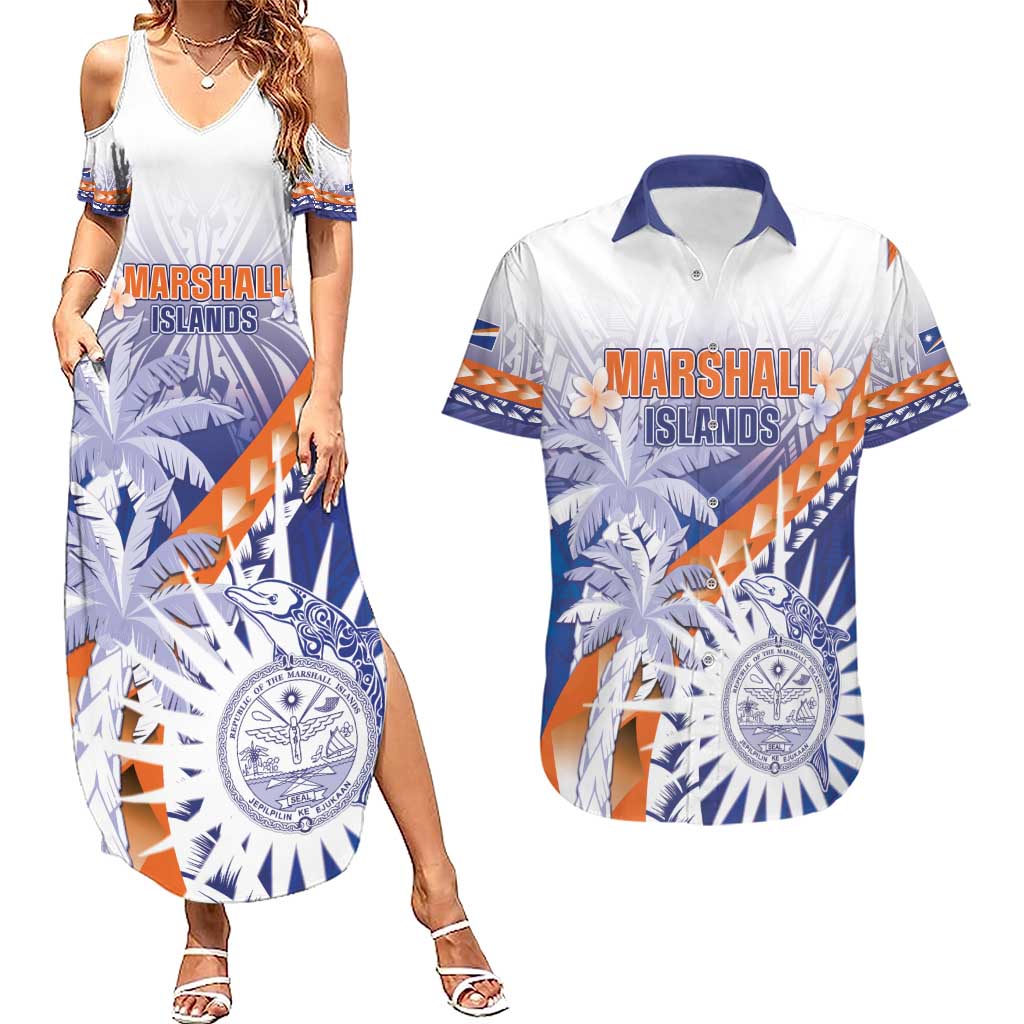 Personalised Marshall Islands Manit Day Couples Matching Summer Maxi Dress and Hawaiian Shirt Polynesian Tribal Tattoo Tropical Style