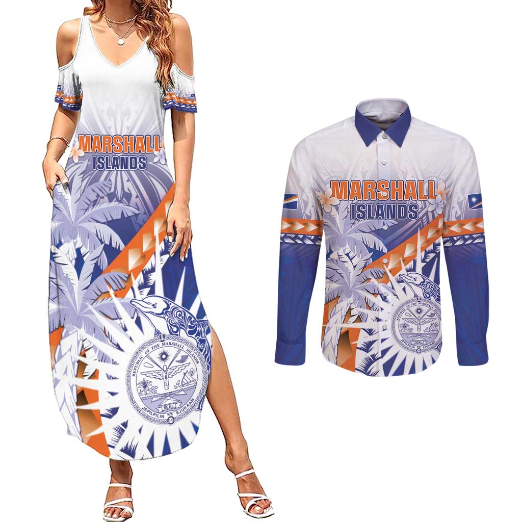 Personalised Marshall Islands Manit Day Couples Matching Summer Maxi Dress and Long Sleeve Button Shirt Polynesian Tribal Tattoo Tropical Style