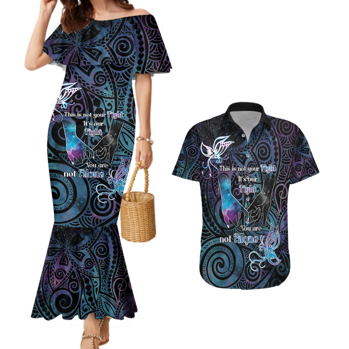 Suicide Awareness Couples Matching Mermaid Dress and Hawaiian Shirt You Are Not Alone - Polynesian Pride