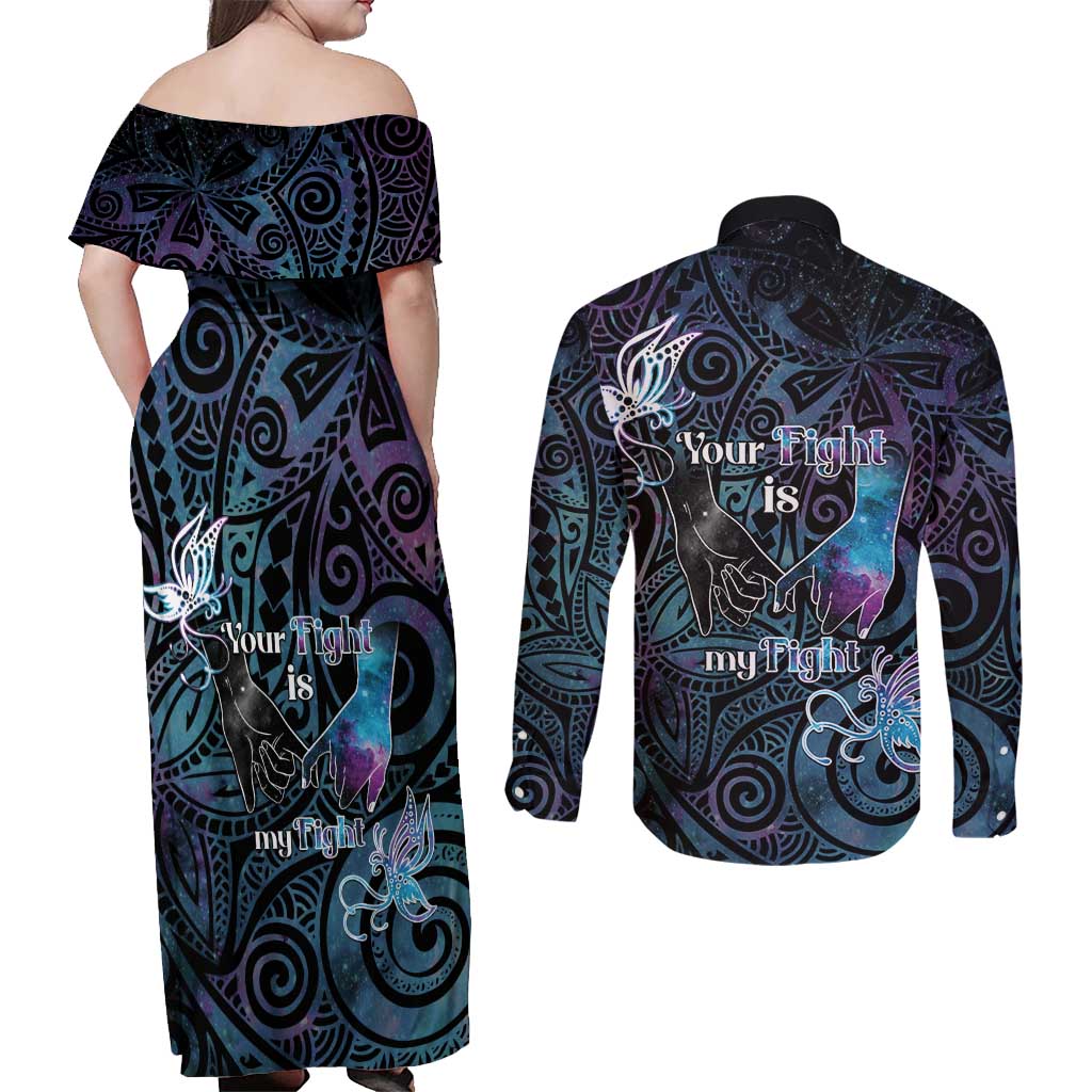 Suicide Awareness Couples Matching Off Shoulder Maxi Dress and Long Sleeve Button Shirt You Are Not Alone - Polynesian Pride