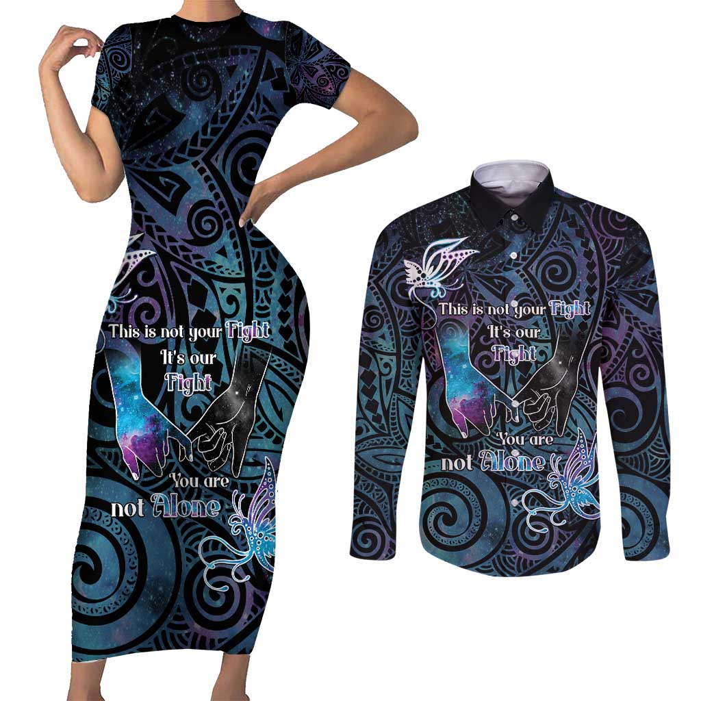 Suicide Awareness Couples Matching Short Sleeve Bodycon Dress and Long Sleeve Button Shirt You Are Not Alone - Polynesian Pride