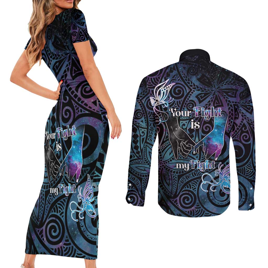Suicide Awareness Couples Matching Short Sleeve Bodycon Dress and Long Sleeve Button Shirt You Are Not Alone - Polynesian Pride