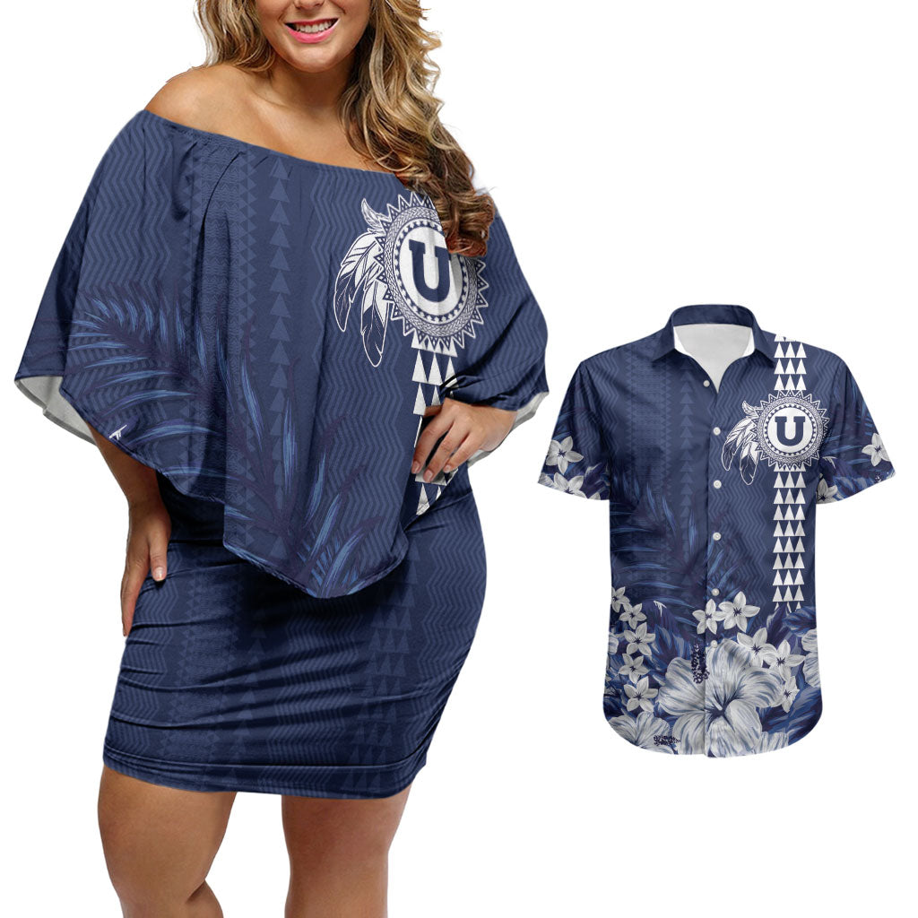 Personalized Utah State Couples Matching Off Shoulder Short Dress and Hawaiian Shirt Polynesian Style LT05 Blue - Polynesian Pride