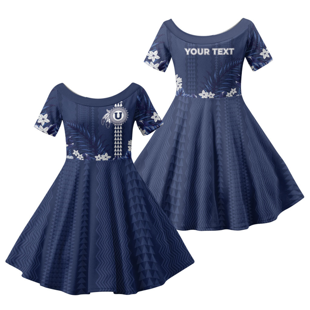 Personalized Utah State Family Matching Off Shoulder Short Dress and Hawaiian Shirt Polynesian Style LT05 Daughter's Dress Blue - Polynesian Pride